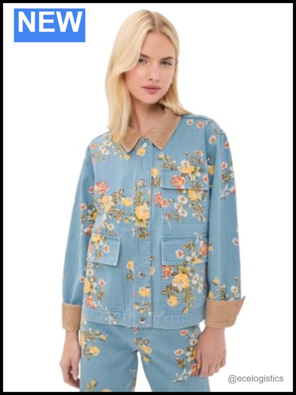 Floral Denim Jacket with Corduroy Collar Snap Front